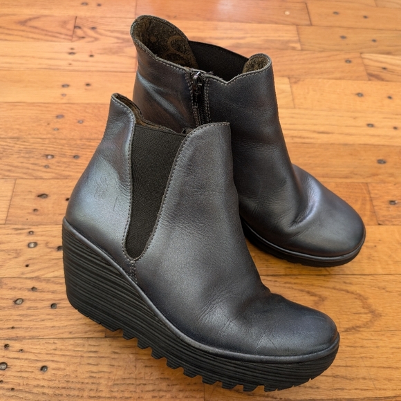 Fly London Silvery Blue Leather Ankle Wedge Boots - Picture 2 of 9